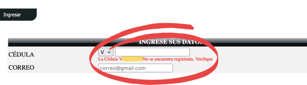 La cédula no se encuentra registrada, verifique Inclusión de Antecedentes Penales Venezuela