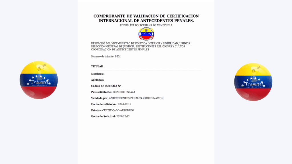 Comprobante de Validación de certificación internacional de antecedentes penales de Venezuela Validar antecedentes penales Venezuela