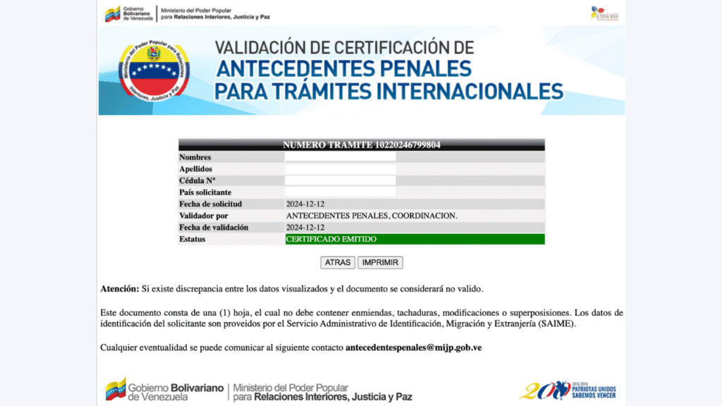 Validar antecedentes penales Venezuela Validación de Certificación Internacional de antecedentes penales de Venezuela