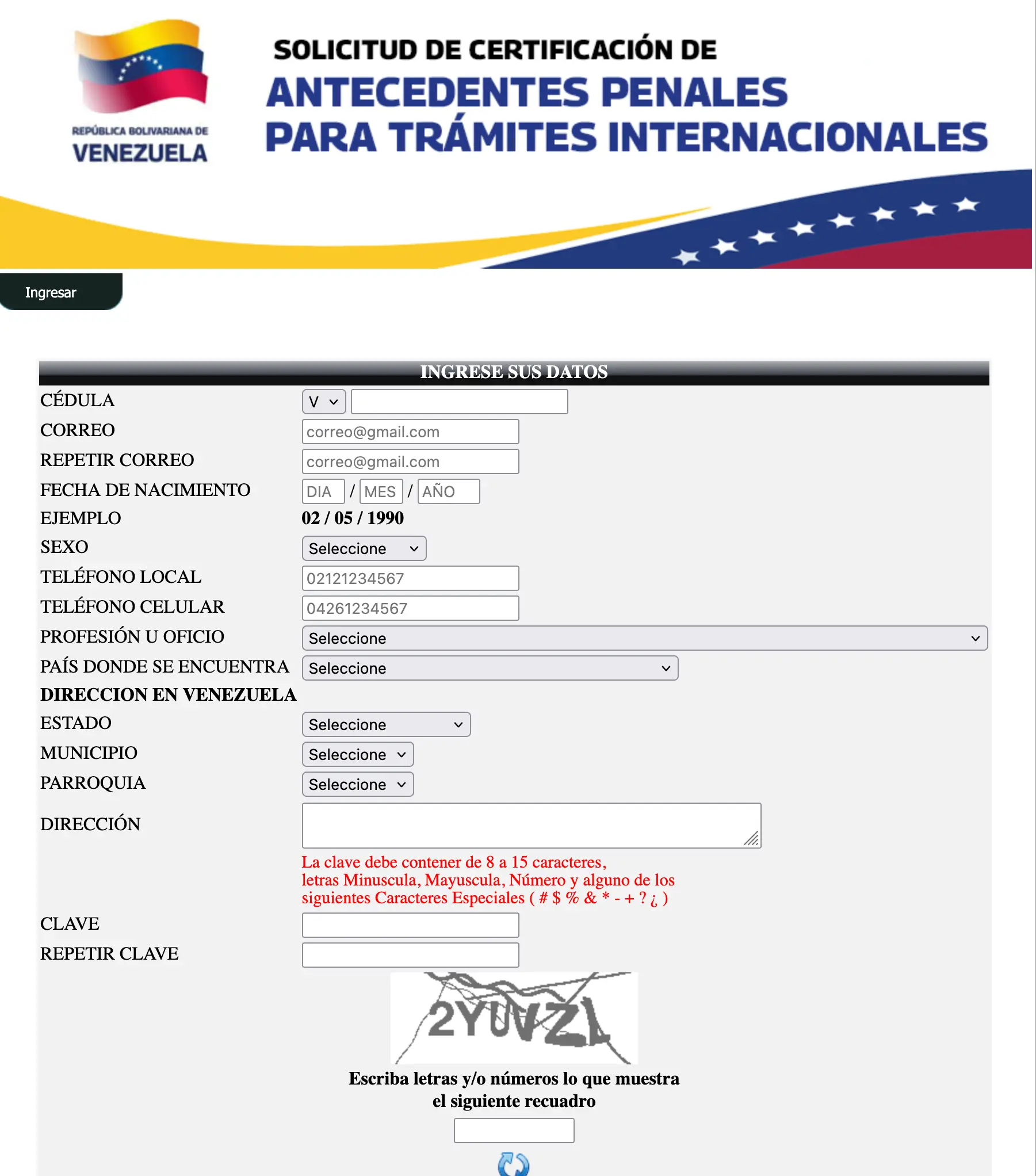 Formulario de registro antecedentes penales Venezuela